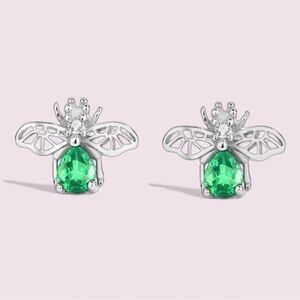 925 Sterling silver Bee Green CZ Hollow Design Stud Earrings